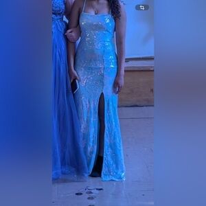 Elegant Blue Sequin Slit Evening Dress - Women